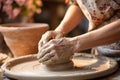 Close-up of a woman\'s hands in a ceramic workshop working with clay on a potter\'s wheel. Generative AI