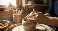Potter Shaping Clay On Wheel With Muddy Hands In Studio Workshop, Creative Ceramics Process Royalty Free Stock Photo