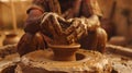 A potter skillfully shaping clay on a wheel. Watch as hands work with precision to create beautiful pottery. This image Royalty Free Stock Photo