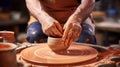 Potter skillfully shaping matching ceramics on pottery wheel in vibrant studio setting