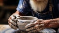 Potter skillfully shaping matching ceramics on pottery wheel in vibrant studio workshop