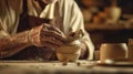 A potter using an advanced taping technique to create precise lines and shapes on a piece of pottery.