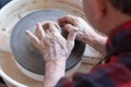 Potter wheel and hands of craftsman making a jug Royalty Free Stock Photo