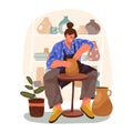 Potter woman making or crafting clay vase. Vector