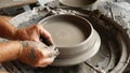 A potter working on a new piece in a pottery studio with clay on his hands. Royalty Free Stock Photo