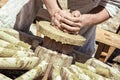 Potter works manually on the pottery wheel Royalty Free Stock Photo