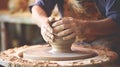 Potter& x27;s hands molding clay vase on a potter& x27;s wheel. Tactile process of pottery-making, earth tones or muted