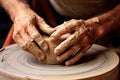 a potters hands shaping a piece of clay on a wheel