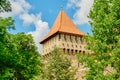 Potters Tower Turnul Olarilor in Sibiu, Romania, in bright daylight, with blue sky, framed by green trees