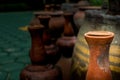 Pottery antique jars to decorate the garden look beautiful.