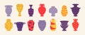 Pottery. Cartoon antic vase and vessel of ceramic, interior design decoration with ornaments and symbols. Vector ancient