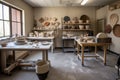pottery and ceramics studio with wheel, tools, and finished pieces