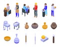 Pottery class icons set isometric vector. Artist craft