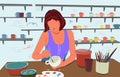 Pottery course. Illustration for pottery class with young woman. Woman engaged in pottery. Flat Vector Illustration