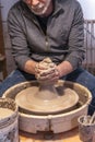 Pottery craftsman working on a potters wheel to make a bowl