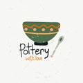 Pottery hand made poster. Hand drawn textured colorful kitchen cartoon ceramic bowl with geometric pattern and text. Logo studio Royalty Free Stock Photo