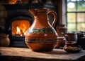 Pottery jug on a wooden table near the stove Royalty Free Stock Photo