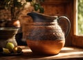 Pottery jug on a wooden table near the stove Royalty Free Stock Photo