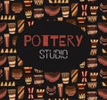 Pottery lessons. Square placart. Flat clay vases and pots with boho pattern on a dark background. Vector template Royalty Free Stock Photo