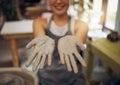 Pottery, messy and clay hands of a woman at a workshop for creative small business, art and working on design. Mud, show Royalty Free Stock Photo