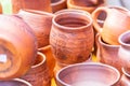 Pottery mugs closeup.