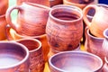 Pottery mugs closeup.