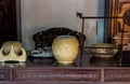 Pottery and porcelains on the desk of ancient Chinese house or govenment office Royalty Free Stock Photo