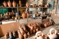 Pottery products on racks in workshop
