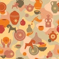 Seamless pottery pattern with vases and others ceramic. Clay horse, women, and other dishes.