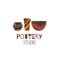 Pottery Studio. Cartoon flat doodle illustration of clay pots and vases and with lettering. Vector object