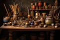 pottery tools arranged on wooden table
