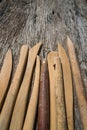 Pottery tools closeup on wood background