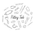 Hand-drawn illustration of instruments, used in ceramic workshop. Pottery tools, handmade ceramics instruments, forming Royalty Free Stock Photo