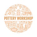 Pottery workshop, ceramics classes banner illustration. Vector line icon of clay studio tools. Hand building Royalty Free Stock Photo