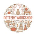 Pottery workshop, ceramics classes banner illustration. Vector line icon of clay studio tools. Hand building