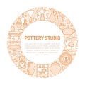 Pottery workshop, ceramics classes banner illustration. Vector line icon of clay studio tools. Hand building Royalty Free Stock Photo