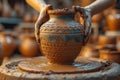 Pottery workshop scene: Talented artist shaping a beautiful vase on the pottery wheel Royalty Free Stock Photo