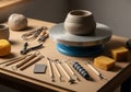 Unfinished clay pot on a spinning wheel, surrounded by various Royalty Free Stock Photo