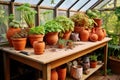 a potting table with terracotta pots and potting mix
