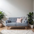 Pouf on blue carpet in bright living room interior with grey chair and settee against the wall with gallery