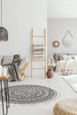 Pouf and round rug in bright living room interior with ladder next to wooden couch