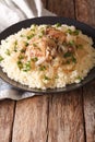 Poulet Yassa stewed with onions and garnished with couscous close up. vertical