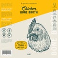 Poultry Bone Broth Label Template. Abstract Vector Food Packaging Design Layout. Hand Drawn Chicken Head Sketch