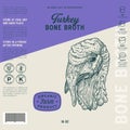 Poultry Bone Broth Label Template. Abstract Vector Food Packaging Design Layout. Hand Drawn Turkey Head Sketch