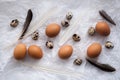 Poultry eggs flat lay still life with food stylish Royalty Free Stock Photo