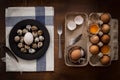 Poultry eggs flat lay still life rustic with food stylish Royalty Free Stock Photo