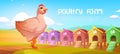 Poultry farm cartoon banner with chicken and coops