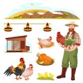 Poultry farm fowl, equipment and farmer, isolated on white background. Vector flat cartoon illustration Royalty Free Stock Photo