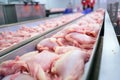 Poultry farm production of chicken meat. Industrial production and packaging of chicken meat. Chicken carcasses and tenderloin.