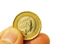 A pound coin at fingertips